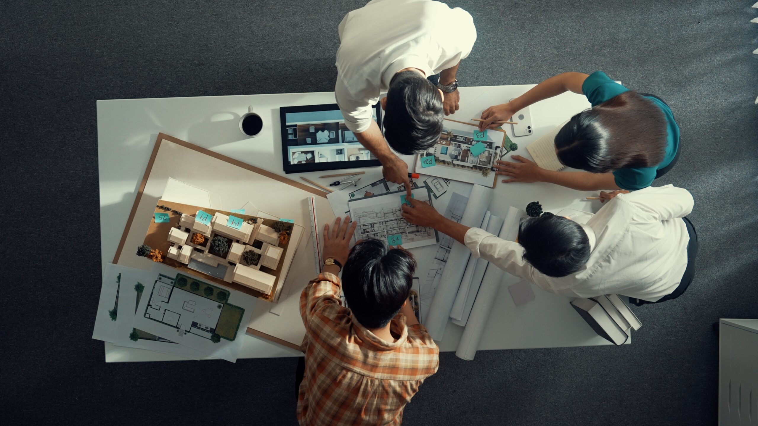 top view of smart engineer measure blueprint by using equipment. alimentation.